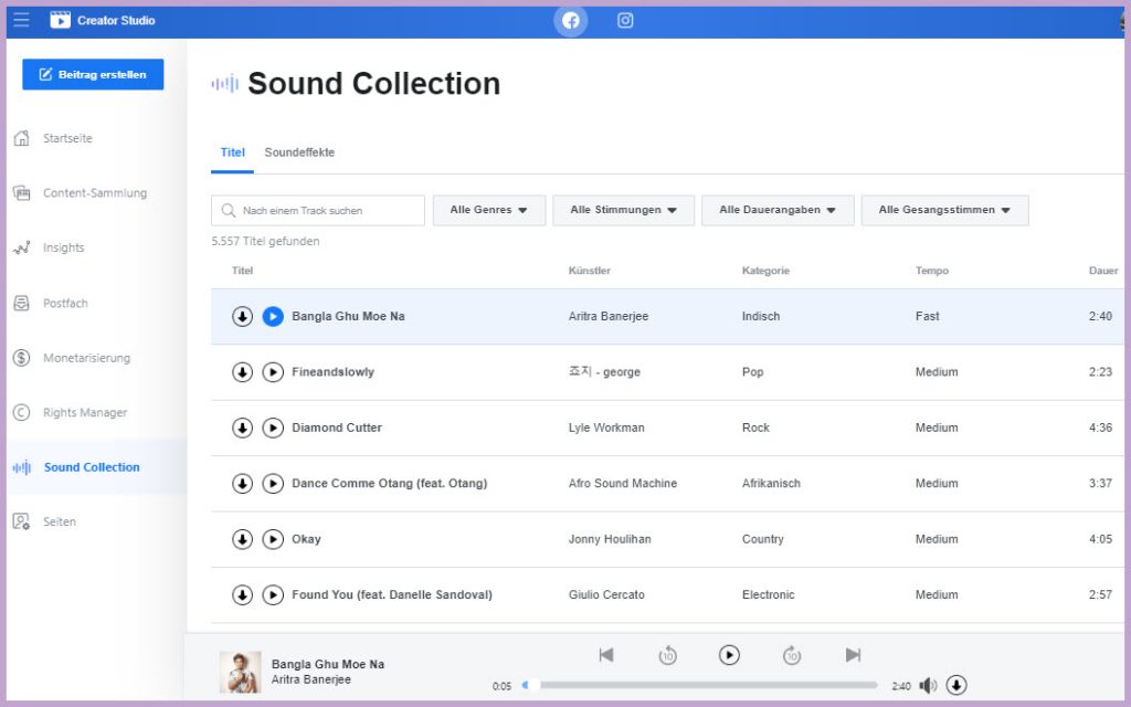 Sound Collection in Facebook Creator Studio
